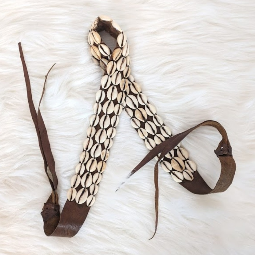 Cowrie Shell Leather Boho Natural Tie Belt